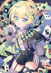  1boy ace_of_clubs blonde_hair bottle card checkered_background checkered_clothes clover club_(shape) crown elf falling_card frills green_eyes hyou_(pixiv3677917) male_focus original pointy_ears shorts thighhighs 