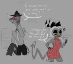  &lt;3 anthro blush bottomless bottomless_humanoid bottomless_male bottomwear clothed clothing demon dialogue digital_drawing_(artwork) digital_media_(artwork) ellipsis english_text hand_on_hip helluva_boss hi_res horn humanoid imp male meme meme_clothing moxxie_(helluva_boss) narrowed_eyes necktie nervous open_mouth pants red_eyes sharp_teeth spade_tail standing sweater tail talking_to_another teeth text text_box topwear underbite unknown_artist virgin_killer_sweater yellow_eyes 