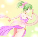  1girl ass back bare_shoulders bow bra bracelet breasts choker dancer earrings fire_emblem fire_emblem:_genealogy_of_the_holy_war green_eyes green_hair hair_bow ham_pon harem_outfit highres jewelry lene_(fire_emblem) loincloth long_hair looking_at_viewer looking_back midriff open_mouth panties pelvic_curtain pink_panties ponytail see-through smile solo underwear 