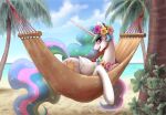  2023 beach blue_sky cloud cutie_mark equid equine female feral friendship_is_magic hair hammock hasbro hi_res hooves horn john_joseco lei long_hair looking_at_viewer mammal multicolored_hair multicolored_tail my_little_pony open_mouth open_smile palm_tree plant princess_celestia_(mlp) purple_eyes sand seaside signature sky smile solo tail text tree url water winged_unicorn wings 
