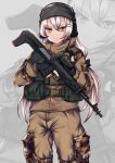  1girl ammunition_pouch bangs beanie black_gloves brown_jacket brown_pants bullpup camouflage camouflage_jacket camouflage_pants chest_rig closed_mouth cowboy_shot designated_marksman_rifle dragunov_svu fatigues fingerless_gloves girls&#039;_frontline gloves gorka gradient_hair grey_background grey_hair grey_headwear gun hair_between_eyes hair_ornament hairclip hat headset holding holding_gun holding_weapon jacket light_frown long_bangs long_hair long_sleeves looking_at_viewer military_jacket military_operator multicolored_clothes multicolored_hair multicolored_jacket multicolored_pants pants persocon93 pouch rainbow_six_siege rifle russian_commentary scope snap-fit_buckle sniper_rifle solo suppressor svd_(girls&#039;_frontline) tsurime uniform walkie-talkie weapon white_hair zoom_layer 