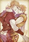  2boys blonde_hair corset dio_brando dual_persona hatoyama_itsuru heart jojo_no_kimyou_na_bouken male_focus multiple_boys official_alternate_costume phantom_blood purple_scarf red_eyes scarf selfcest suspenders yaoi 