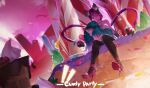  ! !! 2girls bare_shoulders black_hair brown_pantyhose candy closed_eyes closed_mouth evelynn_(league_of_legends) facing_down food green_hair high_heels highres horns l+_(colour0816) lollipoppy multiple_girls on_lap pantyhose pointy_ears poppy_(league_of_legends) red_hair shoes short_hair sleeping sugar_rush_evelynn tentacles twintails yordle 