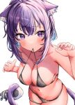  1girl animal_ear_fluff animal_ears bikini black_bikini blue_hair blush breasts cat_ears cat_girl cat_tail cleavage colored_inner_hair highres holding holding_clothes holding_swimsuit hololive looking_at_viewer medium_hair mouth_hold multicolored_hair navel nekomata_okayu onigirya_(nekomata_okayu) purple_eyes purple_hair swimsuit tail thigh_strap virtual_youtuber white_background yuzufu 