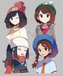  4girls akari_(pokemon) bandana blue_headwear blue_kimono braid brown_eyes brown_hair closed_eyes closed_mouth floral_print gloria_(pokemon) green_headwear hat highres hooded_cardigan japanese_clothes juliana_(pokemon) kimono long_sleeves multiple_girls necktie one_eye_closed open_mouth orange_necktie pink_shirt pokemon pout red_headwear red_scarf scarf selene_(pokemon) shirt short_sleeves single_braid smile tam_o&#039;_shanter touyarokii v-shaped_eyebrows white_headwear white_shirt wing_collar yellow_shirt 