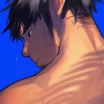  1boy bara blue_background close-up expressionless from_behind goatee_stubble hair_down highres laserbiubiu long_sideburns looking_to_the_side male_focus nape nude original short_hair sideburns solo thick_eyebrows 