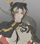  1boy arknights black_hair brown_hair chong_yue_(arknights) dragon_boy dragon_horns dragon_tail grey_background hair_over_shoulder highres horns lan2546426 long_hair looking_at_viewer low_ponytail male_focus multicolored_hair parted_bangs parted_lips ponytail red_eyes simple_background solo streaked_hair tail upper_body 