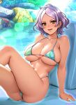  1girl :d ass breasts collarbone crossed_legs green_eyes grey_hair gundam gundam_suisei_no_majo highres large_breasts leaning_back lens_flare looking_at_viewer navel open_mouth oyaman secelia_dote short_hair sitting smile solo tan thighs water wavy_hair 