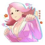  1girl :3 ace_attorney april_may breasts brown_eyes buttons cleavage closed_mouth cropped_torso drop_shadow flipped_hair flower hands_up heart heart_button highres jacket large_breasts long_sleeves looking_at_viewer paw_pose phoenix_wright:_ace_attorney pink_hair pink_jacket pink_lips red_flower satehate_(hbnr_ums) short_hair smile solo upper_body white_background 