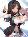  1girl :d alice_gear_aegis bare_shoulders belt between_breasts black_necktie black_vest blush breasts brown_hair cleavage commentary_request dark-skinned_female dark_skin double_w green_eyes highres kakerayuri kaneshiya_sitara large_breasts long_hair long_sleeves looking_at_viewer navel necktie open_clothes open_mouth open_vest shorts smile solo stomach vest w white_shorts 