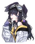  1girl absurdres animal_ears beads black_fur black_hair blue_archive blue_eyes breasts cleavage commentary_request dog_ears dog_girl goggles goggles_on_head hair_beads hair_ornament hibiki_(blue_archive) highres izuru@doto-lu jacket long_hair long_sleeves off_shoulder open_mouth simple_background sleeves_past_wrists solo upper_body white_background 