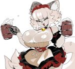  alcohol anthro beverage big_breasts blush blush_lines breasts catmaid_(cibastion) cibastion cleavage clothed clothing domestic_cat dress eyes_closed fangs felid feline felis female fur hair headgear headwear hi_res huge_breasts mammal open_mouth simple_background smile solo tail teeth white_body white_fur white_hair 