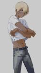  1boy amuro_tooru blonde_hair blue_eyes closed_mouth clothes_lift crossed_bangs dark-skinned_male dark_skin denim grey_background hair_between_eyes highres jeans kawatiw lifted_by_self looking_at_viewer male_focus meitantei_conan pants shirt shirt_lift short_sleeves simple_background solo t-shirt undressing white_shirt 