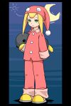  1girl black_border blonde_hair border carrying carrying_under_arm closed_mouth collared_shirt commentary_request crescent_moon green_eyes half-closed_eyes hat highres mega_man_(series) mega_man_legends moon muu_(mumumer) nightcap pajamas pants pink_headwear pink_pajamas pink_pants pink_shirt roll_caskett_(mega_man) shirt sidelocks slippers solo stuffed_animal stuffed_penguin stuffed_toy yellow_footwear 