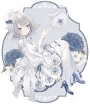  1girl :o absurdres animal_ears blue_eyes blue_flower blue_footwear blue_nails dress expressionless floral_print flower grey_hair high_heels highres lolita_fashion long_sleeves original paruno pitcher_(container) rabbit_ears solo thighhighs white_dress white_flower white_thighhighs 