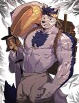  2boys animal_ear_fluff animal_ears bara bare_pectorals blue_doggo_(ttn) blue_fur blue_hair bulge carrying_over_shoulder dog_boy dog_ears feet_out_of_frame goatee_stubble grin headband large_hands large_pectorals looking_at_viewer male_focus multiple_boys muscular muscular_male original pectorals short_hair shy smile solo_focus sweat thick_eyebrows ttn_(239_239) two-tone_fur v-taper veins veiny_arms very_sweaty white_fur wood 