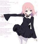  1girl back_bow black_dress black_ribbon bow breasts closed_mouth comic_sans dress hair_down kaname_madoka kriemhild_gretchen long_sleeves lyrics mahou_shoujo_madoka_magica mahou_shoujo_madoka_magica_(anime) medium_hair microsoft_paint_(medium) neck_ribbon nithzenithh pantyhose pink_eyes pink_hair ribbon simple_background small_breasts solo white_background white_pantyhose 