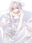  1girl accelerator_(toaru_majutsu_no_index) albino ambiguous_gender androgynous bouquet bridal_veil choker collarbone colored_eyelashes cowboy_shot dress embarrassed embroidery flat_chest flower gloves hair_between_eyes hair_flower hair_ornament hand_up holding holding_bouquet lily_(flower) limited_palette looking_away pale_skin pepo_peropero pixie_cut red_eyes short_hair sidelocks sitting solo suzushina_yuriko sweatdrop toaru_majutsu_no_index veil wedding_dress white_background white_choker white_dress white_gloves white_hair 