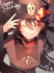  1girl absurdres black_coat black_nails blush brown_hair chinese_clothes coat commentary_request genshin_impact happy_birthday hat hibiya_saeki highres hu_tao_(genshin_impact) jewelry multiple_rings one_eye_closed parted_lips red_eyes ring smile solo upper_body 