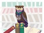  2020 4:3 animal_crossing avian bird blathers_(animal_crossing) book bow_tie bow_tie_only brown_body brown_eyes bubo_(genus) feral geometric_background great_horned_owl green_bow_tie hi_res looking_at_viewer male mostly_nude nintendo owl perched simple_background solo true_owl uunicornicc 