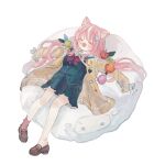  1girl :d animal_ears apple_hair_ornament blue_serafuku blue_skirt blush bow brown_footwear cardigan cat_ears chimoshi_(hitsuji_tonakai) closed_eyes commentary_request cushion facing_viewer food-themed_hair_ornament from_above full_body hair_ornament highres loafers long_hair long_sleeves low_twintails lying multicolored_hair nijisanji nijisanji_kr on_back open_mouth outstretched_arms pink_hair pink_socks pleated_skirt red_bow sailor_collar school_uniform serafuku shoe_dangle shoes single_sock skirt sleeves_past_fingers sleeves_past_wrists smile socks solo spread_arms streaked_hair twintails very_long_hair virtual_youtuber white_background white_hair white_sailor_collar yang_nari yang_nari_(1st_costume) yellow_cardigan 