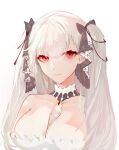  1girl absurdres azur_lane bare_shoulders black_ribbon breasts cleavage detached_collar formidable_(azur_lane) grey_hair hair_ribbon highres large_breasts long_hair red_eyes ribbon simple_background solo twintails upper_body white_background yuuanchi 