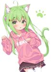  1girl ahoge animal_ear_fluff animal_ears black_skirt blush cat_ears cat_girl cat_tail collarbone commentary_request drawstring fang flat_chest green_eyes green_hair hair_between_eyes hair_bobbles hair_ornament hairclip highres hood hood_down hoodie long_sleeves looking_at_viewer matchanear miniskirt original parted_lips paw_pose paw_print pink_hoodie pleated_skirt puffy_long_sleeves puffy_sleeves short_eyebrows simple_background skin_fang skirt solo tail thick_eyebrows thighhighs two_side_up white_background white_thighhighs zettai_ryouiki 