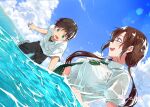  1boy 1girl black_hair black_pants blue_sky breasts brown_hair cloud cloudy_sky collared_shirt day glasses green_eyes green_necktie highres ikari_shinji large_breasts long_hair looking_at_another makinami_mari_illustrious necktie neon_genesis_evangelion nori_senbei ocean open_mouth outdoors pants partially_submerged rebuild_of_evangelion school_uniform shirt short_hair short_sleeves sky smile twintails water wet white_shirt 