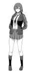  1girl breasts commentary_request frown full_body greyscale hands_in_pockets highres jacket kneehighs large_breasts loafers miniskirt monochrome necktie open_clothes open_jacket original pleated_skirt shoes skirt socks solo takaman_(gaffe) track_jacket 