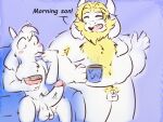  2023 age_difference anthro asgore_dreemurr asriel_dreemurr balls beard big_penis blonde_hair blush body_hair casual_nudity coffee_mug digital_media_(artwork) duo eating english_text erection eyes_closed facial_hair foreskin fur genitals glaciacherry glans hair happy_trail horn long_ears male mature_anthro mature_male navel nude open_mouth overweight overweight_anthro overweight_male penis penis_size_difference pubes simple_background size_difference small_penis text undertale undertale_(series) vein veiny_penis white_body white_fur white_hair 