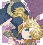  1girl blonde_hair blue_dress blue_eyes breasts breath_of_fire breath_of_fire_ii bridal_gauntlets closed_mouth dress feathered_wings hair_between_eyes jewelry long_hair medium_breasts nina_(breath_of_fire_ii) outline purple_bridal_gauntlets purple_wings ring sicky_(pit-bull) smile solo split_mouth white_outline wings 