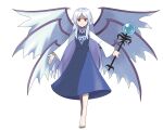  1girl absurdres angel asatsuki_(fgfff) barefoot blue_dress blue_hair closed_mouth collared_shirt dress full_body happy highres holding holding_staff long_dress long_hair long_sleeves multiple_wings parody red_eyes sariel_(touhou) seraph shirt sky smile solo staff style_parody sugimori_ken_(style) touhou touhou_(pc-98) transparent_background very_long_hair white_shirt wide_sleeves wings 