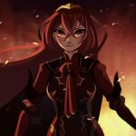  1girl alear_(female)_(fire_emblem) alear_(fire_emblem) artist_name artsyvamp breasts cape clip_studio_paint_(medium) commentary embers english_commentary facial_mark fire fire_emblem fire_emblem_engage highres long_hair medium_breasts red_eyes red_hair signature solo upper_body 