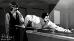  2boys ball bara beard billiard_ball billiards cigar cowboy_hat cue_stick facial_hair feet_out_of_frame graves_(league_of_legends) greyscale hair_slicked_back hat holding_cue_stick karipaku large_pectorals league_of_legends leaning_forward long_hair male_focus mature_male monochrome multiple_boys muscular muscular_male mustache necktie pectoral_cleavage pectorals pool_table short_hair smile smoking table thick_eyebrows twisted_fate vest 