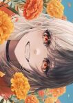  1girl artist_name black_choker black_hair brown_hair choker earrings falling_petals flower hair_between_eyes highres jewelry looking_at_viewer multicolored_hair original petals portrait sideways signature smile solo stud_earrings two-tone_hair white_hair yellow_flower yoru_shiki 