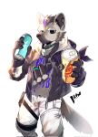  2023 4_fingers anthro arknights bandolier black_body black_fur black_hair black_nose blue_hair bottomwear claws clothing collar container ear_piercing fingers fur grey_body grey_fur hair hi_res hl0w0 holding_jar hyena hypergryph jacket jar looking_at_viewer male mammal multicolored_hair pants piercing shirt simple_background solo spot_(arknights) spotted_hyena studio_montagne t-shirt tail topwear two_tone_hair 