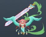  1girl bare_shoulders bird_legs bird_tail black_background breasts cleavage commentary_request feathered_wings feathers green_eyes green_feathers green_wings hair_between_eyes harpy huge_weapon long_hair magic medium_breasts midriff monster_girl navel open_mouth original pixel_art red_hair sekiyadn solo sword tail weapon winged_arms wings 