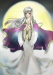  1girl absurdres cape circlet commentary_request dress fire_emblem fire_emblem:_genealogy_of_the_holy_war grey_hair highres jewelry julia_(fire_emblem) long_dress long_hair long_sleeves nyankoteioh own_hands_together praying purple_eyes smile solo 