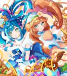  2girls absurdres animal_ears back-to-back basket blue_bow blue_dress blue_eyes blue_hair bow brown_dress brown_hair closed_mouth clothing_cutout cure_spicy delicious_party_precure dog_ears dog_tail dress food frilled_hairband frills fuwa_kokone gloves green_eyes grin hair_bow hair_ornament hairband highres huge_bow long_hair looking_at_viewer medium_dress multiple_girls pam-pam_(precure) pam-pam_(precure)_(human) precure puffy_short_sleeves puffy_sleeves rope short_sleeves shoulder_cutout side_ponytail smile standing tail white_gloves yuutarou_(fukiiincho) 