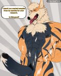  abs anthro arcanine armpit_hair aroused_smile barazoku big_penis black_glans black_gums black_nipples bodily_fluids body_hair canid canine canis cum cum_drip cum_dripping_from_penis cum_on_body cum_on_chest cum_on_hand cum_on_self depictionexpress dialogue dripping english_text erection facial_hair fur generation_1_pokemon genital_fluids genitals glans hi_res male mammal markings mole_(marking) multicolored_body multicolored_fur muscular muscular_anthro muscular_male musk_clouds nintendo nipples pattern_background penis pokemon pokemon_(species) pubes simple_background solo solo_focus speech_bubble striped_body striped_fur stripes text whiskers yellow_text 