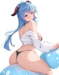  1girl absurdres ass blue_hair ganyu_(genshin_impact) genshin_impact goat_horns highres horns long_hair slime_(genshin_impact) vincent_leo white_background 