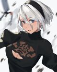  absurdres blue_eyes blush breasts cleavage cleavage_cutout clothing_cutout hair_between_eyes highres lewdrawings looking_at_viewer mole mole_under_mouth nier:automata nier_(series) short_hair white_hair wind yorha_no._2_type_b 