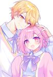  1boy 1girl blonde_hair blunt_bangs bob_cut bow bowtie closed_mouth collared_shirt commentary_request hair_between_eyes highres long_sleeves multiple_hairpins ootori_emu open_mouth orange_eyes orange_hair pink_eyes pink_hair pnyo_emc project_sekai ribbon shirt short_hair tenma_tsukasa white_background 