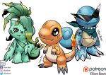  artist_name blue_skin brown_eyes bulbasaur charmander closed_mouth colored_skin crossover digimon fakemon fang green_skin hair_over_one_eye highres looking_at_viewer orange_skin patreon_logo pokemon pokemon_(creature) shoulder_tattoo skull_tattoo squirtle sunglasses tattoo villiam_boom 