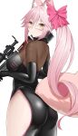  1girl absurdres animal_ear_fluff animal_ears arind_yudha ass black_bodysuit black_gloves blush bodysuit breasts closed_mouth elbow_gloves fate/grand_order fate_(series) fox_ears fox_girl fox_tail from_behind glasses gloves gun hair_ornament highres hip_vent holding holding_gun holding_weapon koyanskaya_(fate) large_breasts long_hair ponytail simple_background solo tail tamamo_(fate) weapon white_background yellow_eyes 