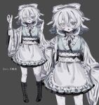  1girl apron arm_up ball black_footwear black_nails bow charm_(object) full_body grey_background grey_eyes hen10 highres looking_at_viewer monochrome multiple_views open_mouth original simple_background temari_ball wa_maid white_bow white_hair white_headwear zoom_layer 