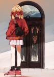  1girl absurdres blonde_hair bow door from_behind full_body highres jacket leadin_the_sky original pleated_skirt red_bow red_footwear red_jacket skirt solo standing white_skirt 