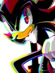  1boy animal_nose black_fur chest_tuft colorful furry furry_male fuuro_06 gloves hedgehog male_focus red_eyes serious shadow_the_hedgehog simple_background solo sonic_(series) spiked_hair white_background white_gloves 