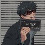  1boy barbie_mugshot_(meme) black_eyes black_hair black_jacket grey_background grey_shirt hand_up highres holding jacket long_sleeves looking_at_viewer male_focus meme nicholas_d._wolfwood noah_asai open_mouth shirt short_hair smile solo sunglasses teeth trigun trigun_stampede upper_body 