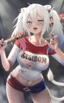  1girl absurdres animal_ears baseball_bat black_nails blush breasts cosplay cropped_shirt ear_piercing fishnet_pantyhose fishnets grey_eyes grey_hair harley_quinn harley_quinn_(cosplay) highres holding holding_baseball_bat hololive large_breasts lion_ears lion_girl lion_tail long_hair looking_at_viewer nail_polish navel nisi_ki_no pantyhose piercing shirt shishiro_botan solo stomach tail tongue tongue_out twintails two-tone_shorts virtual_youtuber white_shirt 